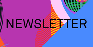 Das Wort Newsletter steht auf einem hellen Hintergrund mit lila, orange und grünem grafischen Muster